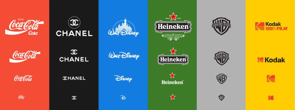 a branding package graphic showing responsive logos from Coca-Cola, Chanel, Disney, Heineken, Warner Brothers, and Kodak